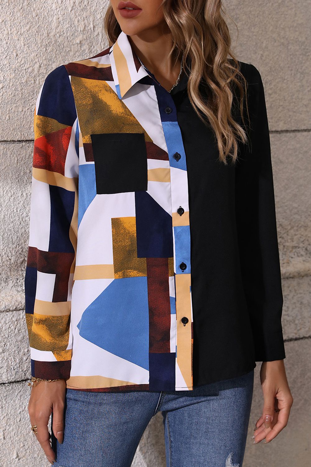 Contrast Printed Long Sleeve Collared Neck Shirt  - Doll Fits