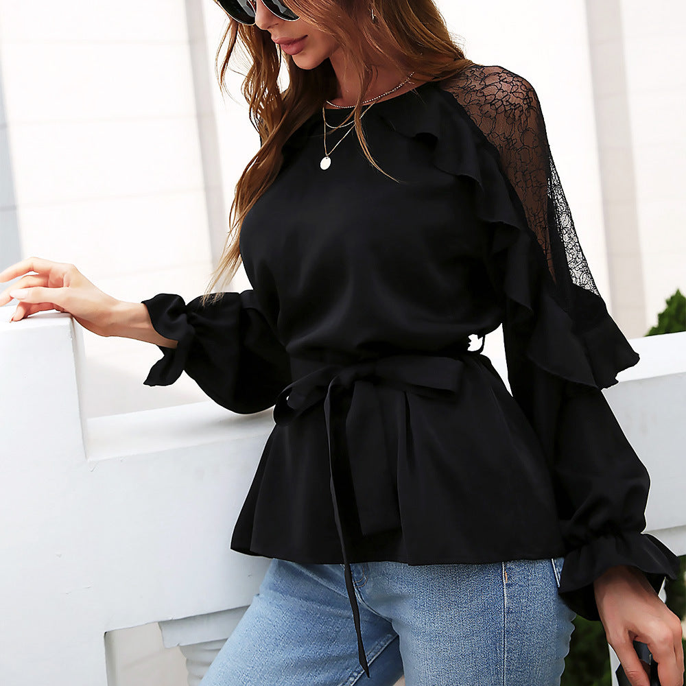 Round Neck Front Tie Flounce Sleeve Lace Cap Blouse  Shirts & Tops- Doll Fits
