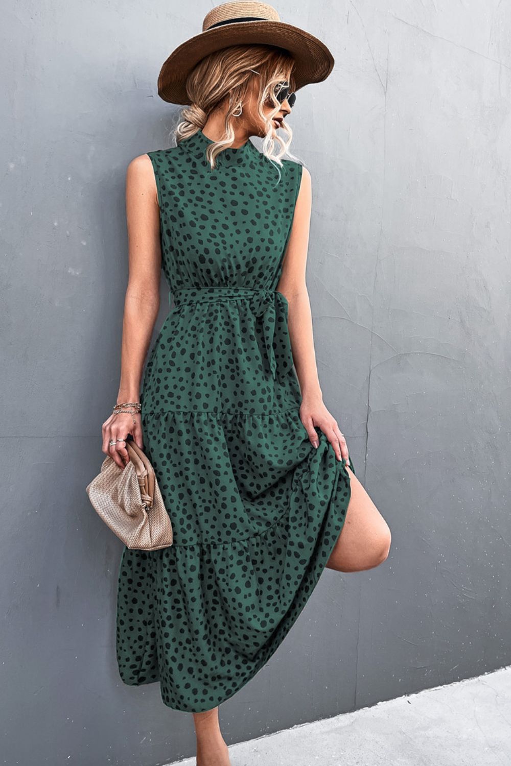 Printed Mock Neck Sleeveless Belted Tiered Dress  Dresses- Doll Fits
