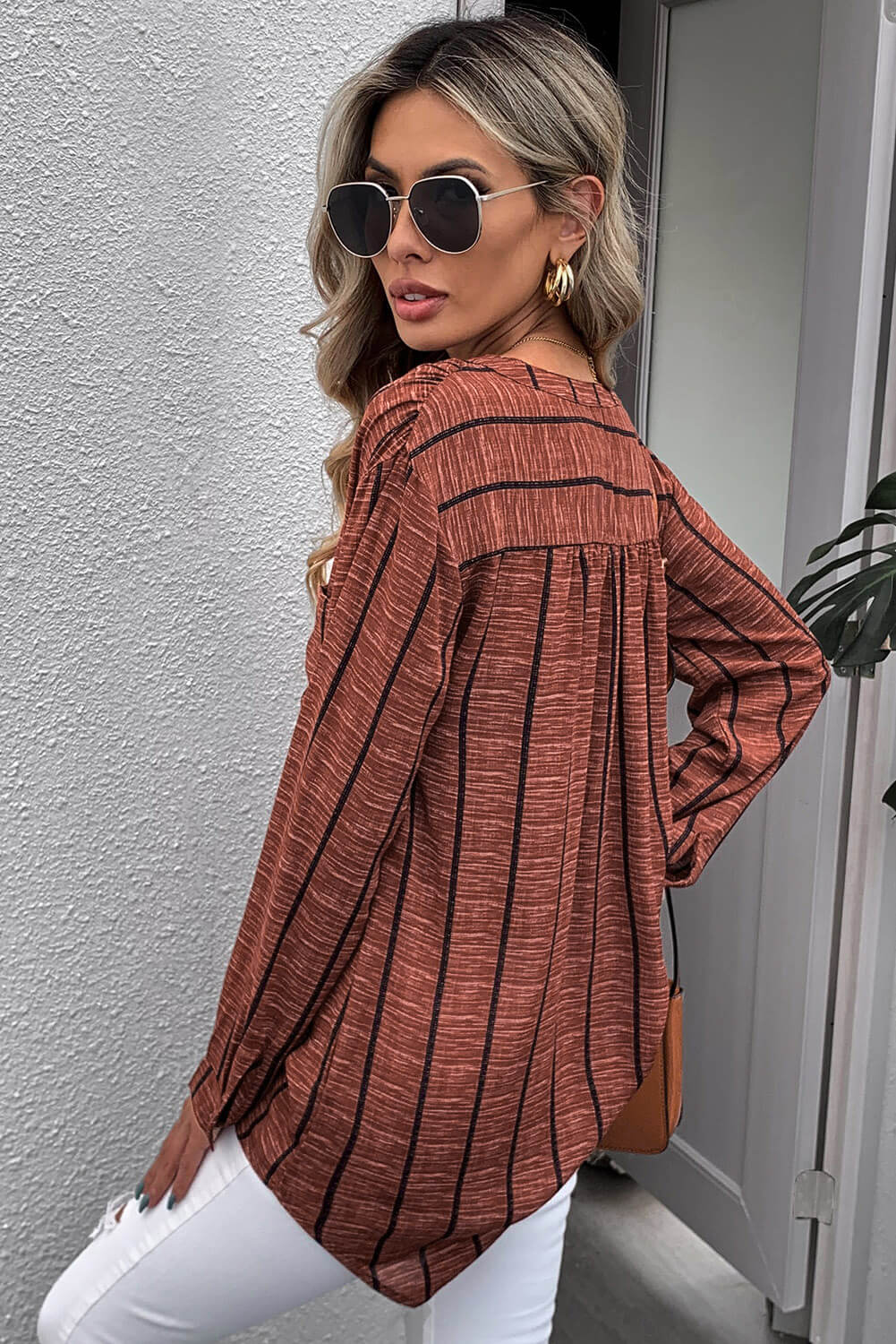 Striped V-Neck High-Low Shirt with Breast Pocket  Shirts & Tops- Doll Fits