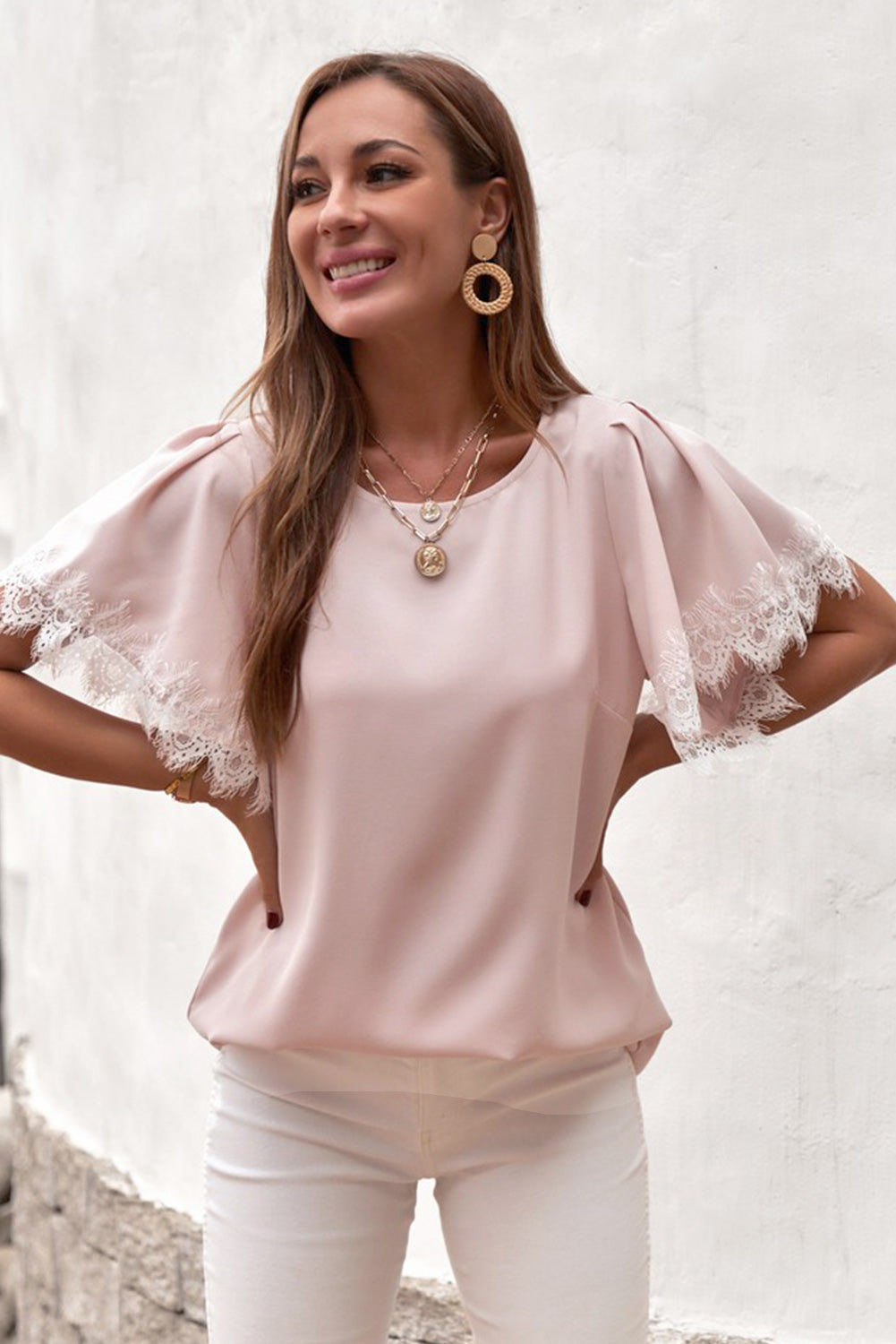 Lace Trim Flutter Sleeve Blouse  Shirts & Tops- Doll Fits