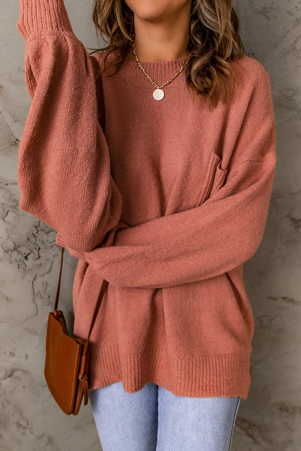 Ribbed Trim Lantern Sleeve Pocketed Sweater  Shirts & Tops- Doll Fits
