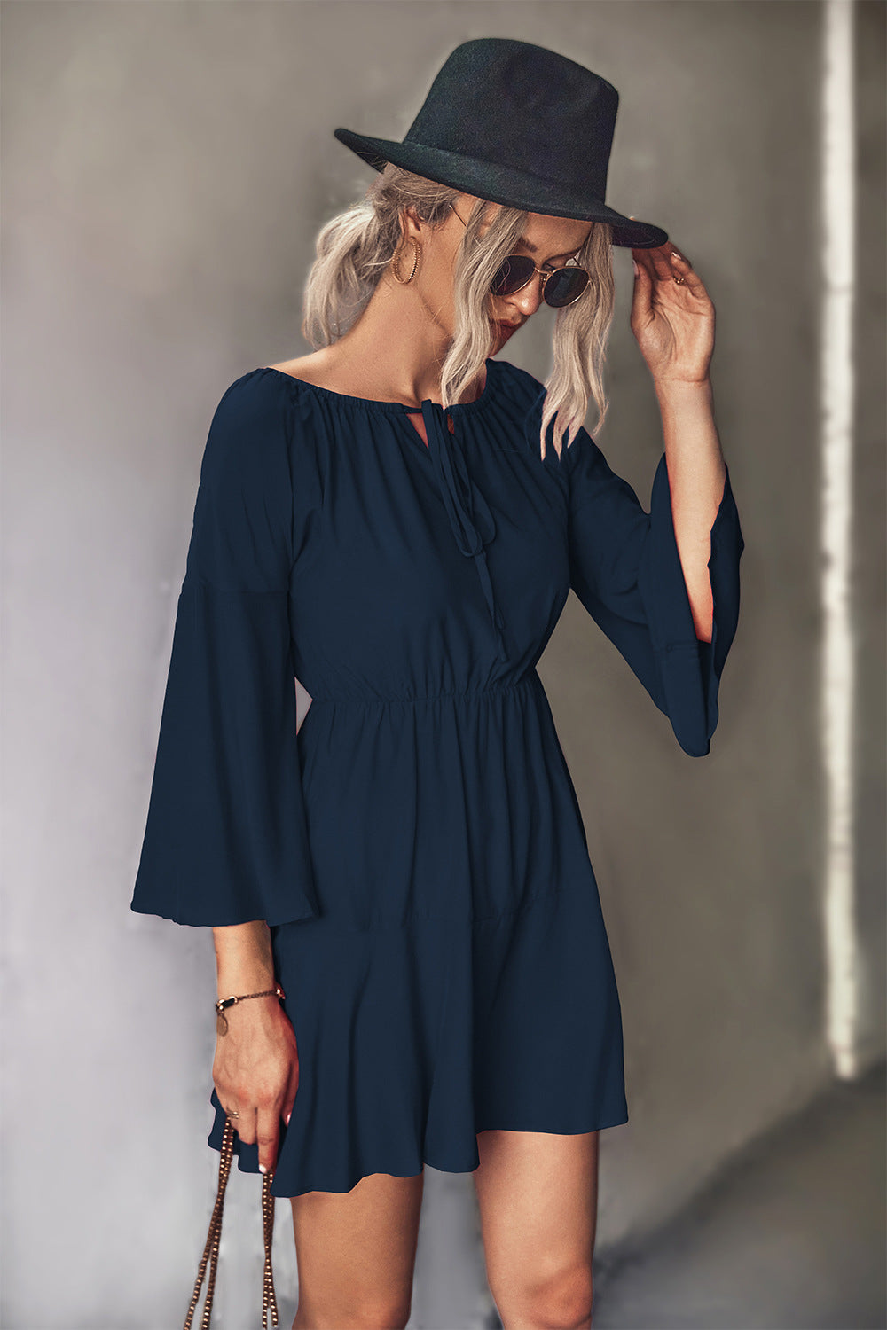Tie Neck Flare Sleeve Mini Dress  Dresses- Doll Fits