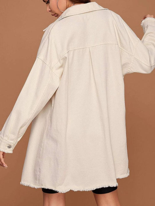 Collared Neck Button-Up Dropped Shoulder Denim Jacket  - Doll Fits