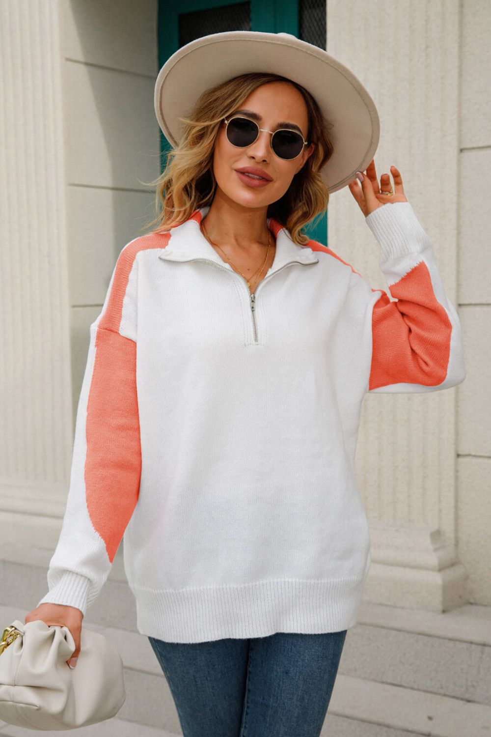 Contrast Quarter-Zip Collared Neck Sweater  Shirts & Tops- Doll Fits