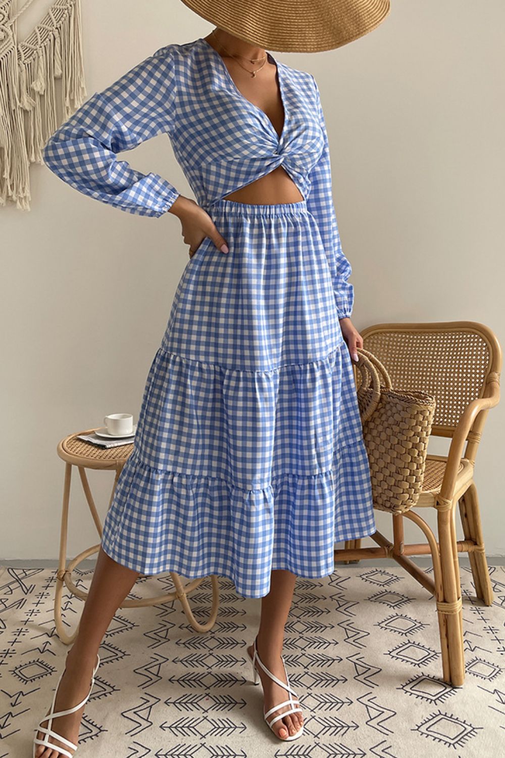 Plaid Cutout Twist Front Midi Dress  Dresses- Doll Fits