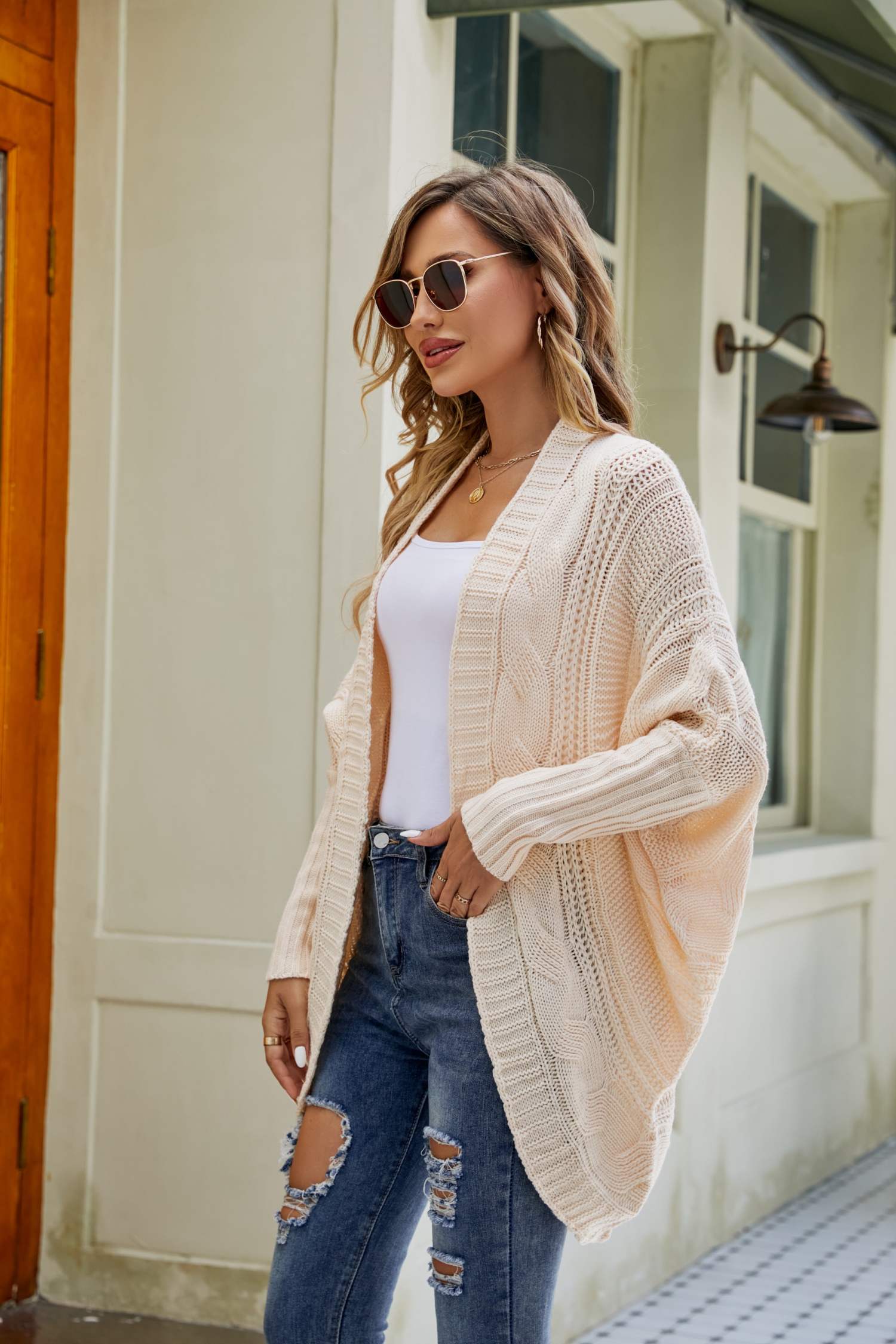Mixed Knit Open Front Dolman Sleeve Cardigan  Coats & Jackets- Doll Fits