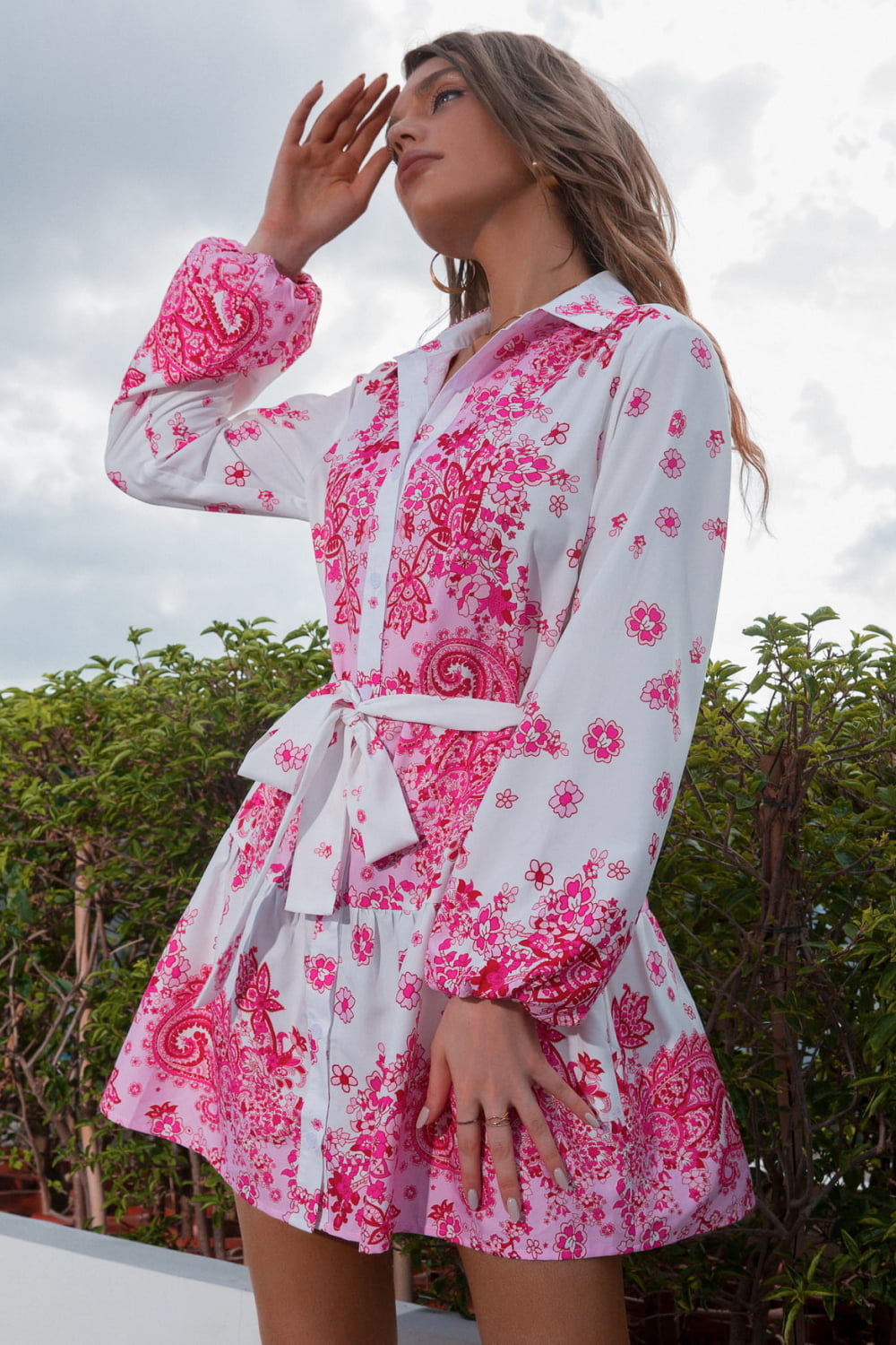 Collared Neck Tie Waist Shirt Dress  Dresses- Doll Fits