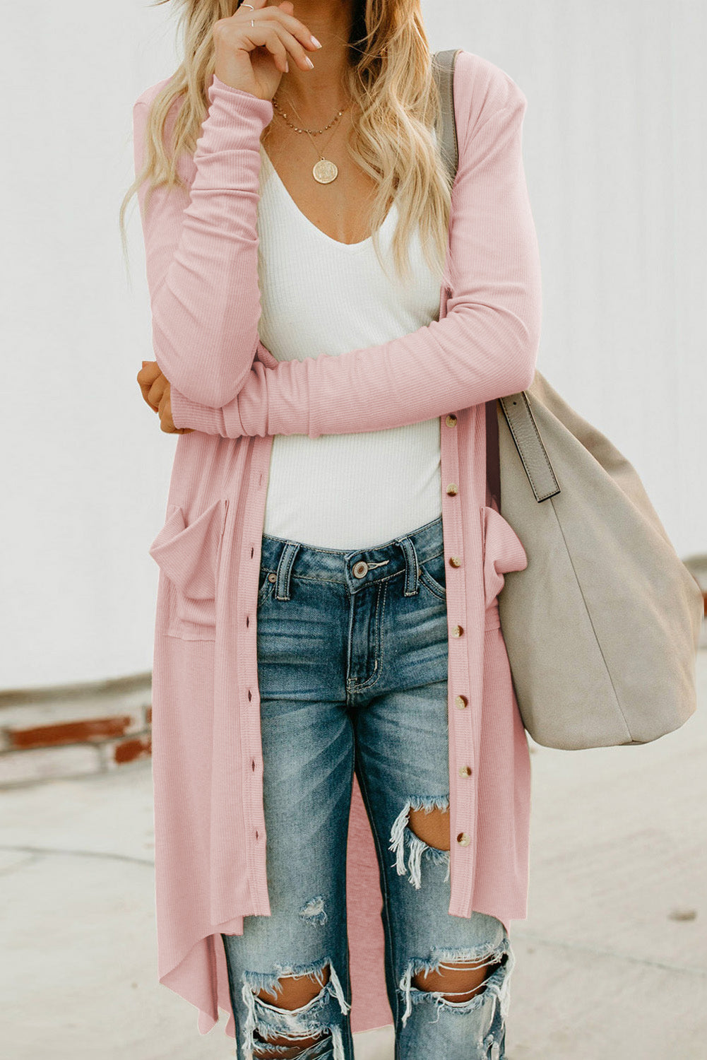 V-Neck Long Sleeve Cardigan with Pocket  - Doll Fits