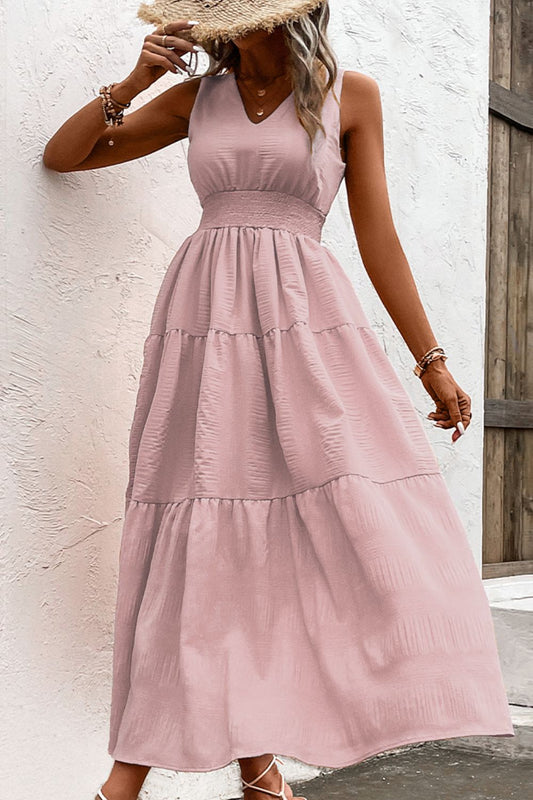 V-Neck Smocked Waist Sleeveless Tiered Dress  Dresses- Doll Fits