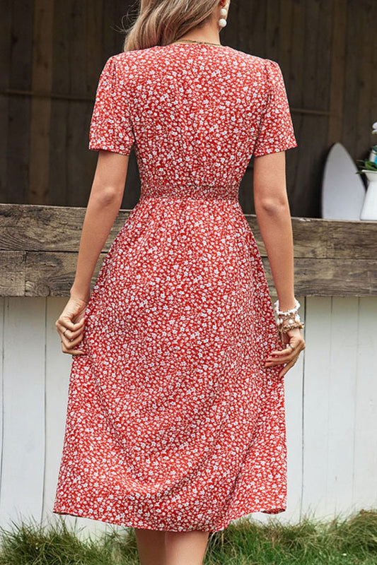 Ditsy Floral Button Front Tied Puff Sleeve Dress  Dresses- Doll Fits