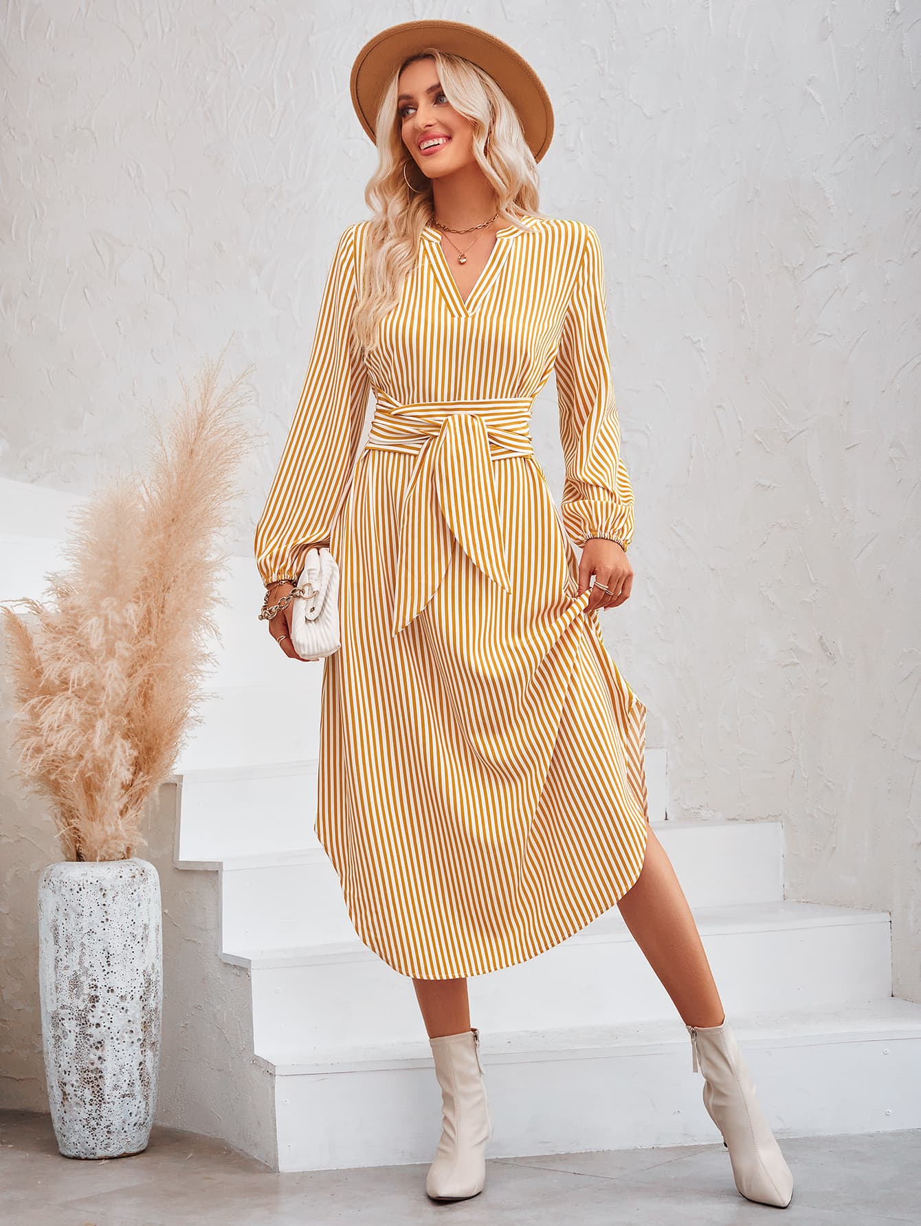 Striped Notched Neck Curved Hem Long Sleeve Dress  Dresses- Doll Fits