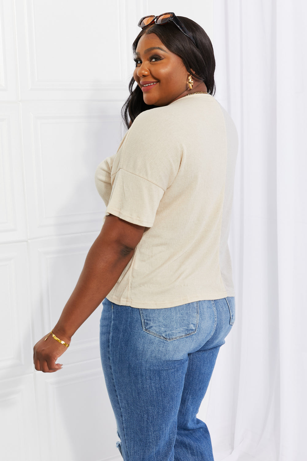 AMOLI Full Size Better Together Cinched Color Block Top  Shirts & Tops- Doll Fits