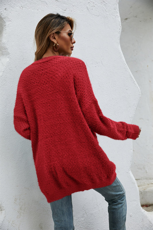 Open Front Openwork Fuzzy Cardigan with Pockets  Coats & Jackets- Doll Fits