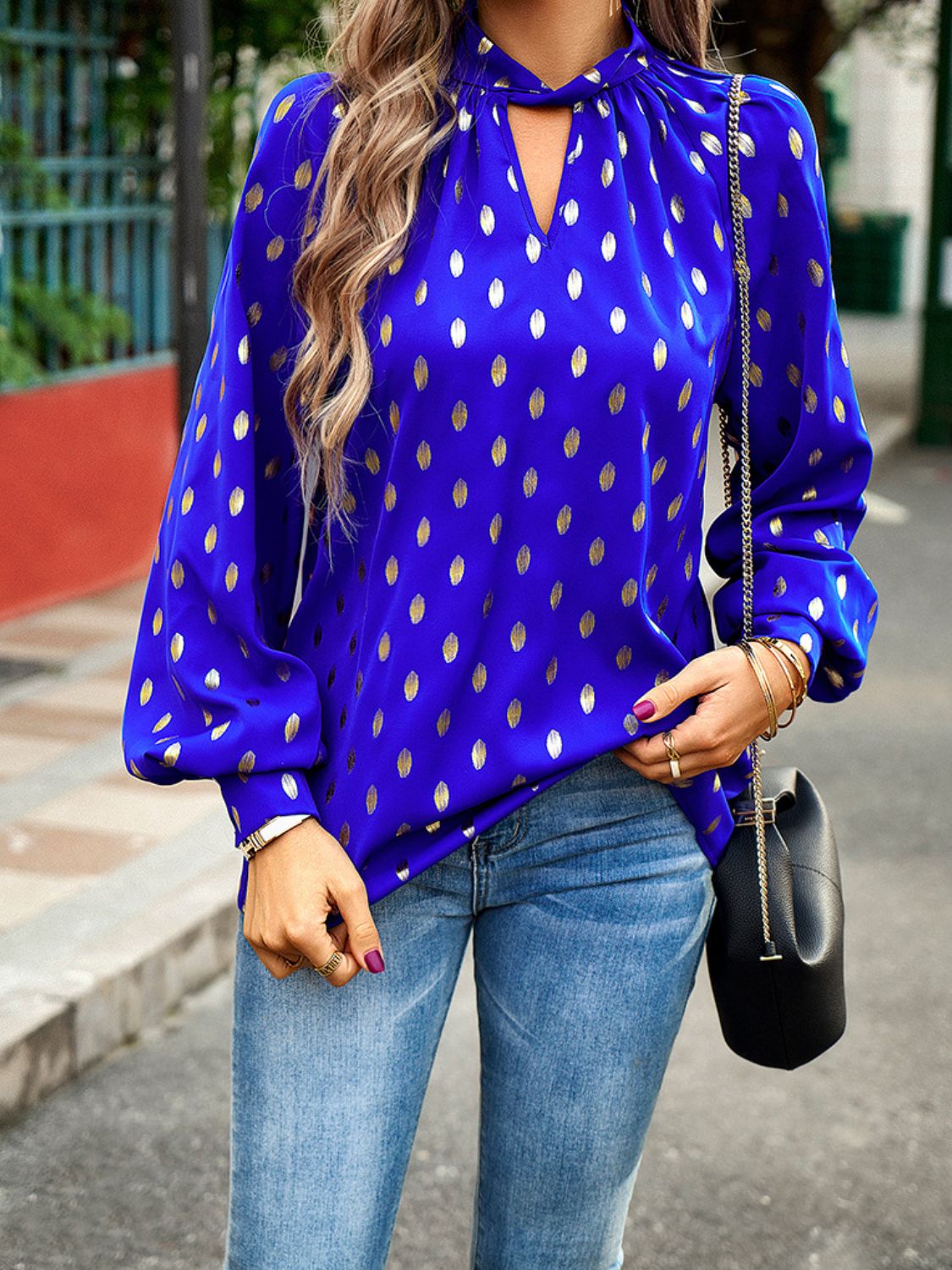 Mock Neck Cutout Lantern Sleeve Blouse  - Doll Fits