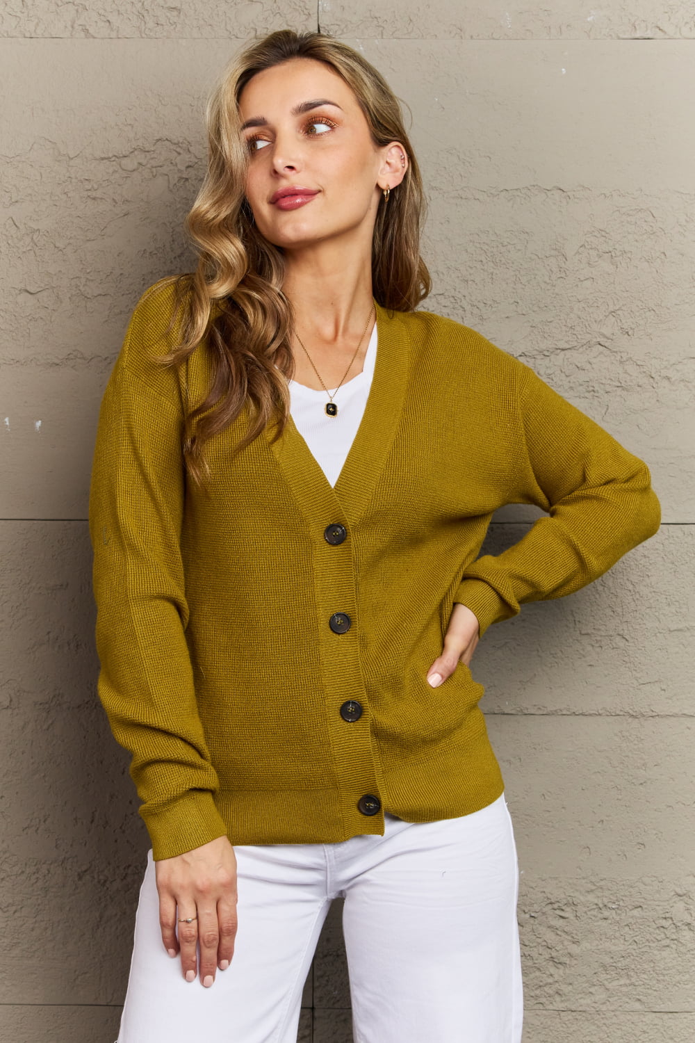 Zenana Kiss Me Tonight Full Size Button Down Cardigan in Chartreuse  - Doll Fits