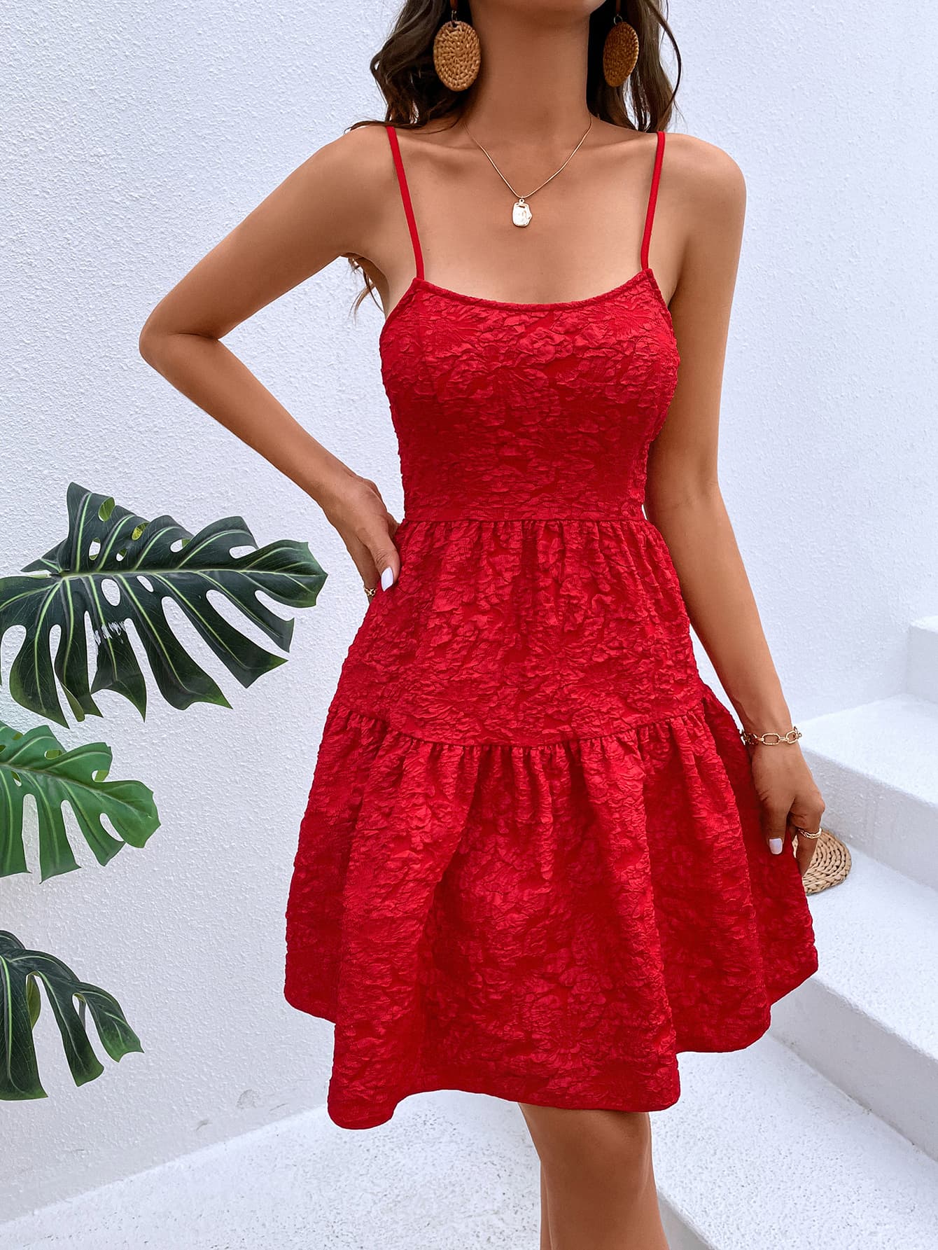 Textured Spaghetti Strap Cutout Dress  Dresses- Doll Fits