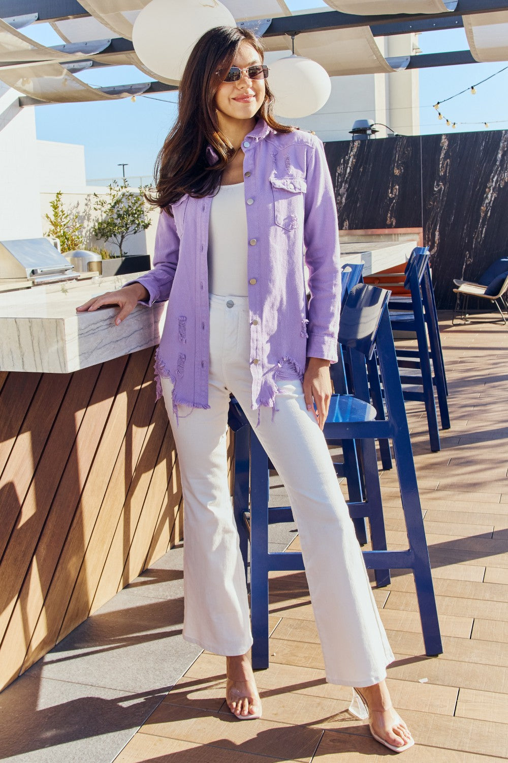 American Bazi Full Size Distressed Button Down Denim Jacket in Lavender  Coats & Jackets- Doll Fits