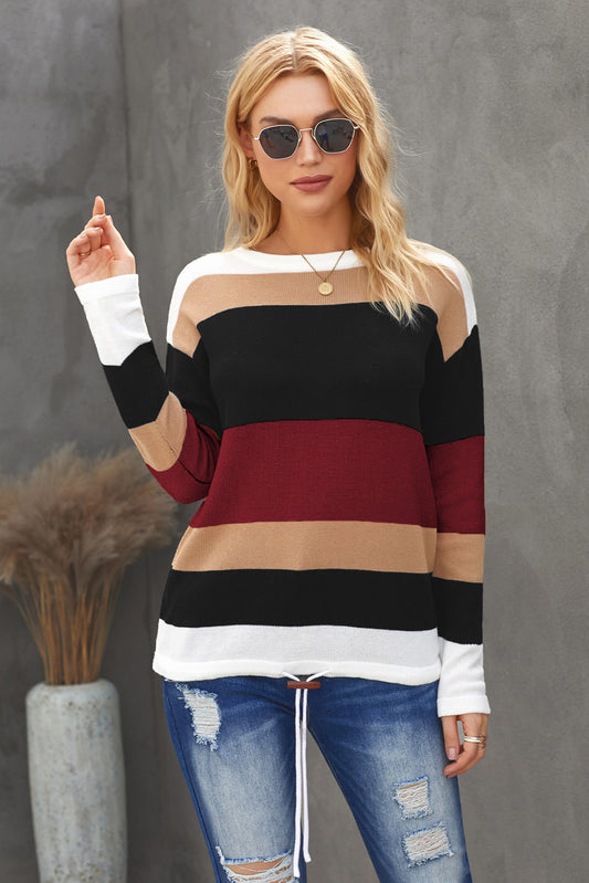 Round Neck Color Block Dropped Shoulder Knit Top  - Doll Fits