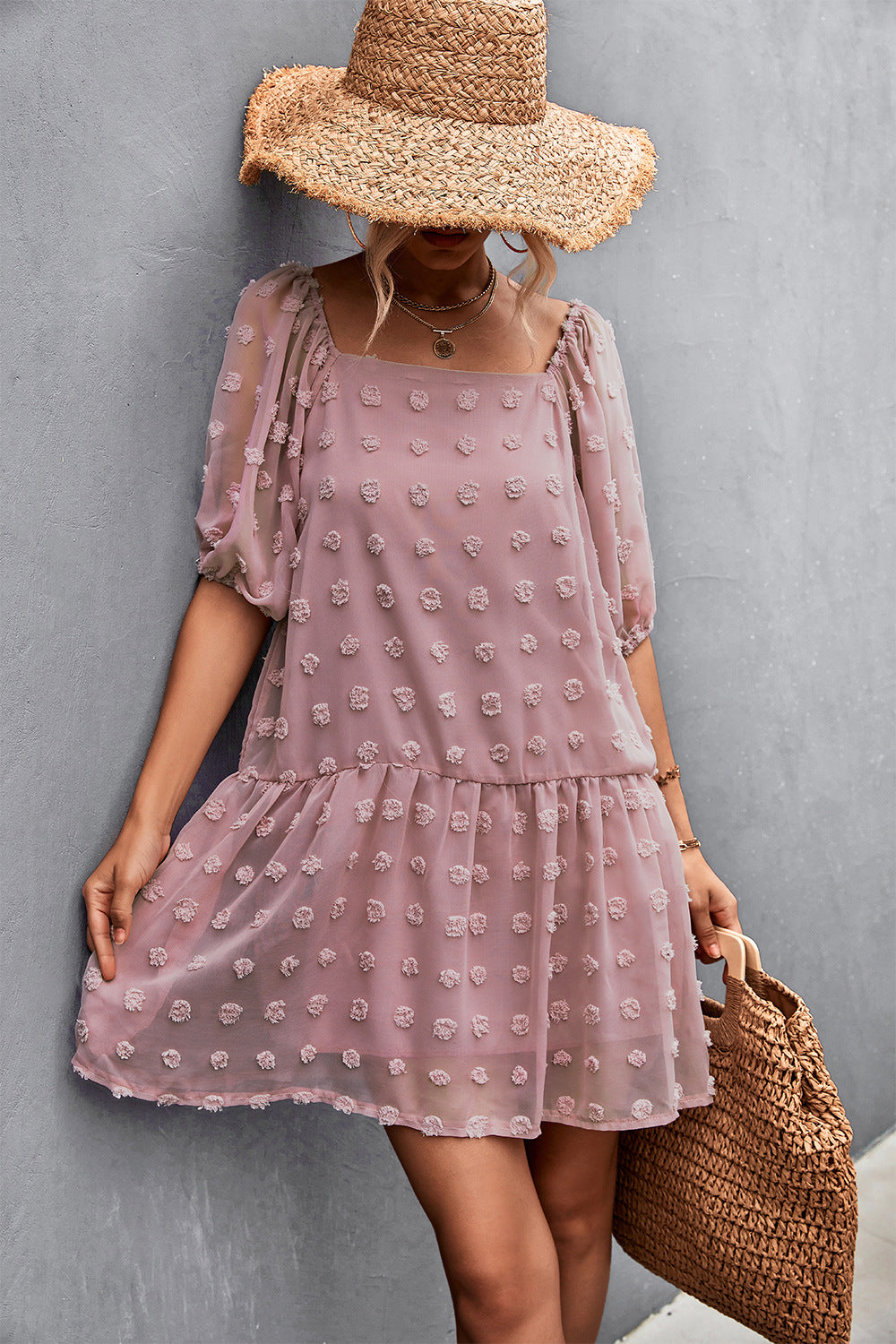 Swiss Dot Square Neck Half Balloon Sleeve Dress  Dresses- Doll Fits