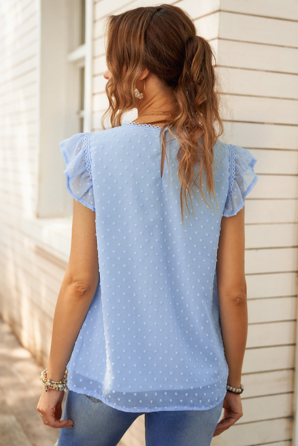 Swiss Dot Flutter Sleeve Round Neck Top  Shirts & Tops- Doll Fits