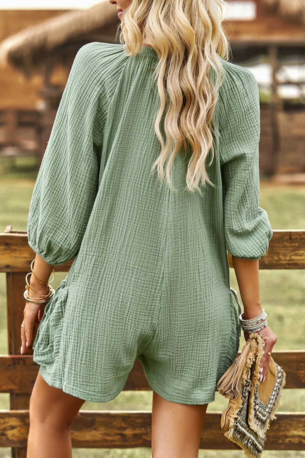 Textured Notched Neck Romper with Pockets  Jumpsuits & Rompers- Doll Fits