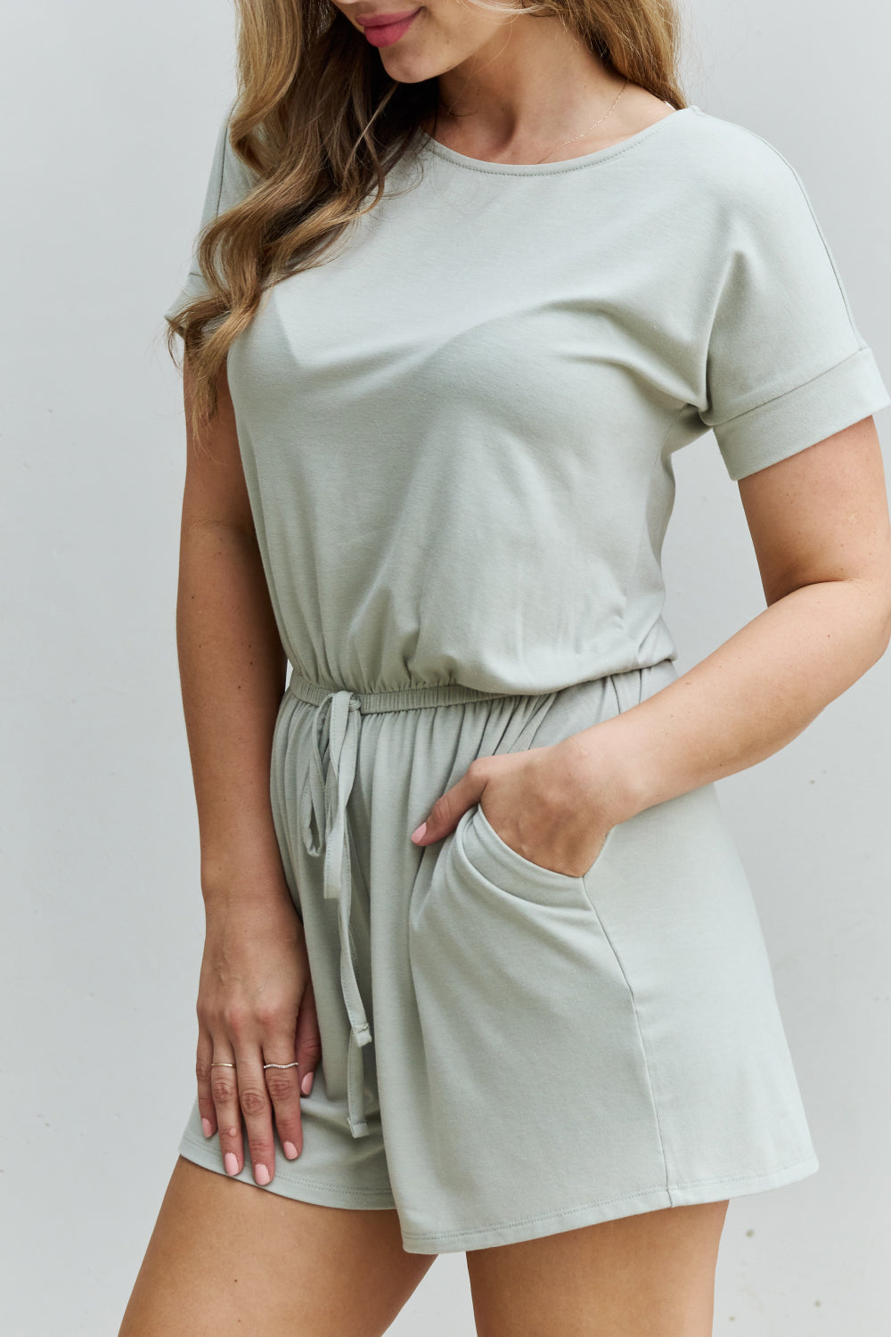 Zenana Chilled Out Full Size Short Sleeve Romper in Light Sage  Jumpsuits & Rompers- Doll Fits