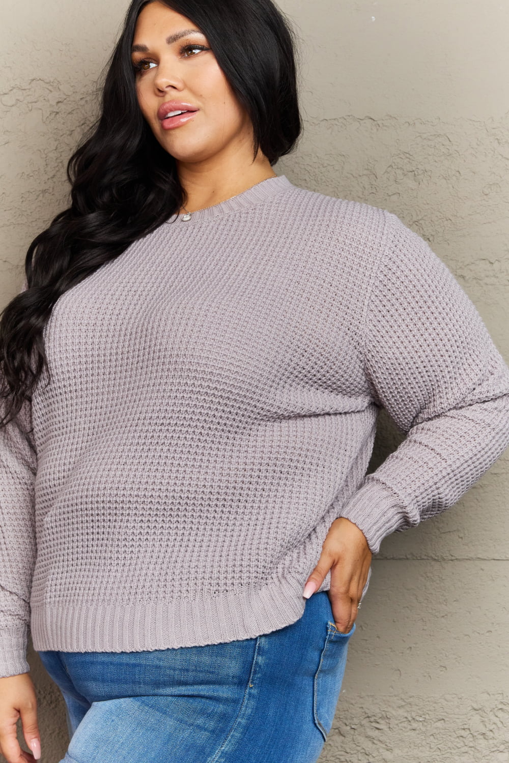 Zenana Breezy Days Plus Size High Low Waffle Knit Sweater  Shirts & Tops- Doll Fits