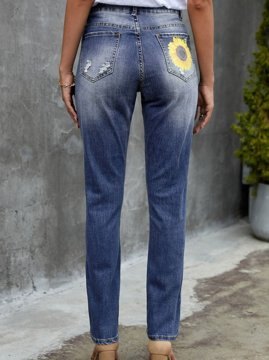 Leopard Patchwork Sunflower Print Distressed High Waist Jeans  Pants- Doll Fits