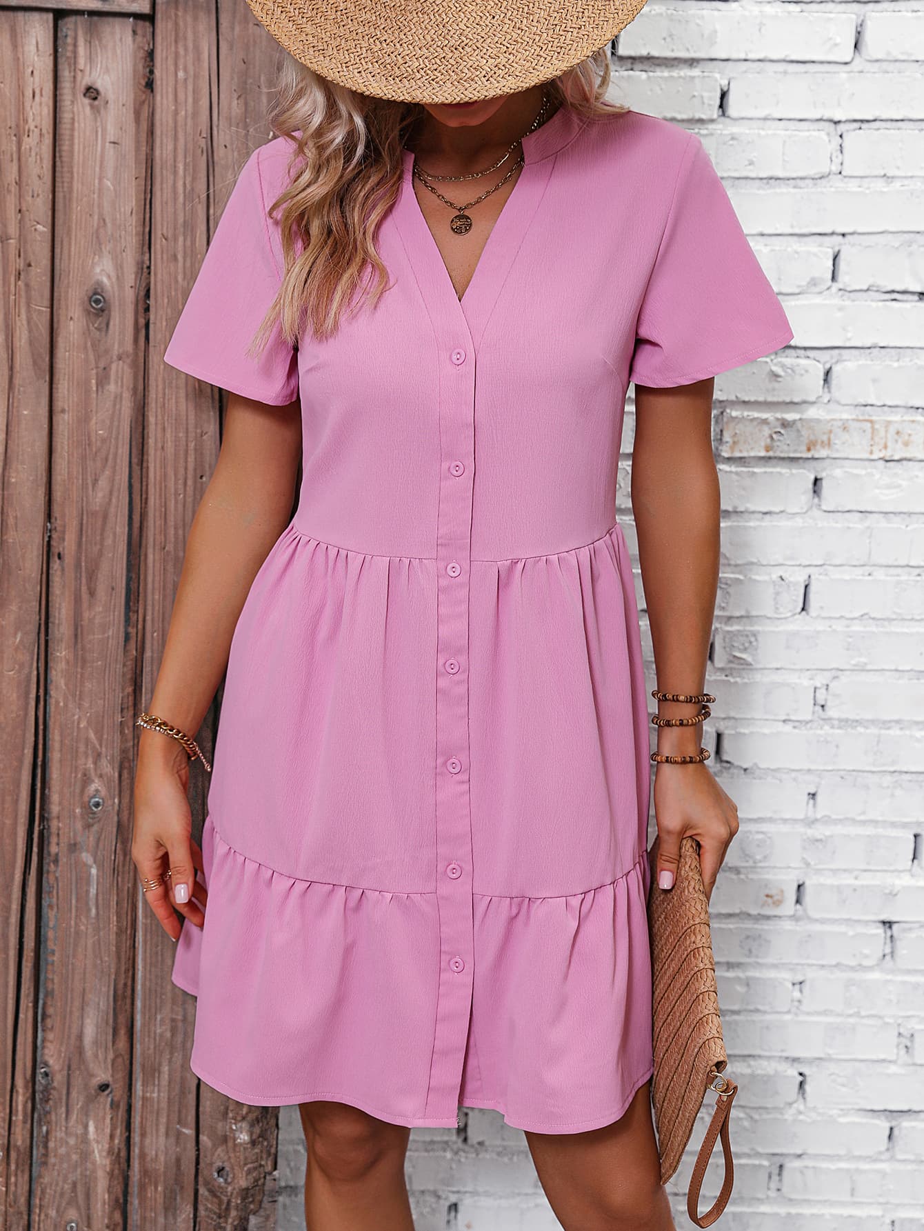 Short Sleeve Buttoned Tiered Dress  Dresses- Doll Fits