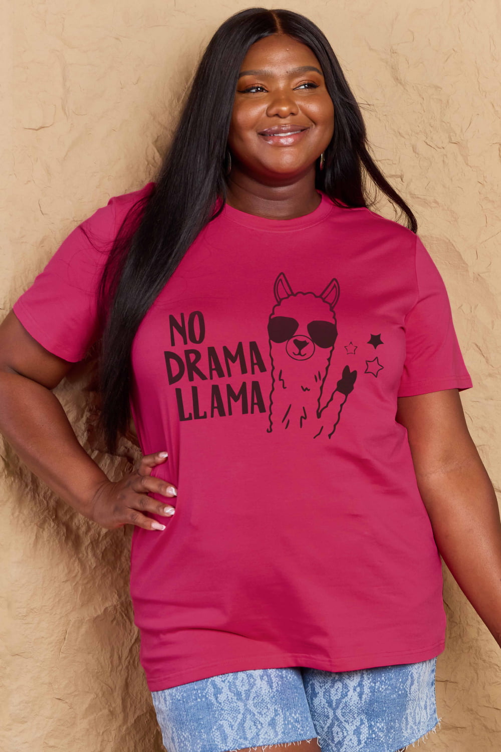 Simply Love Full Size NO DRAMA LLAMA Graphic Cotton Tee  - Doll Fits