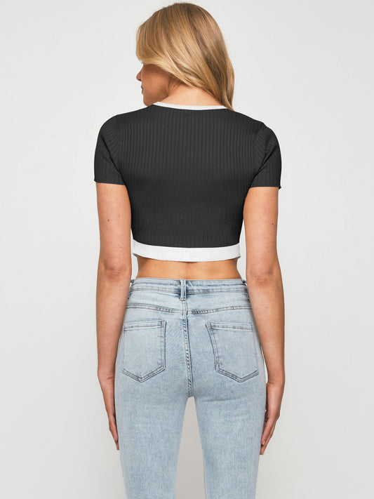 Contrast Trim Pointed Hem Ribbed Crop Top  Shirts & Tops- Doll Fits