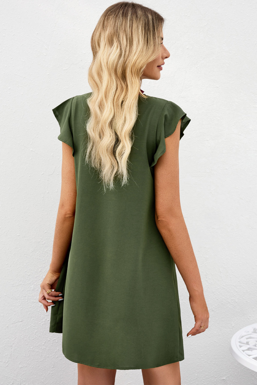 Tie Neck Flutter Sleeve Shift Dress  Dresses- Doll Fits