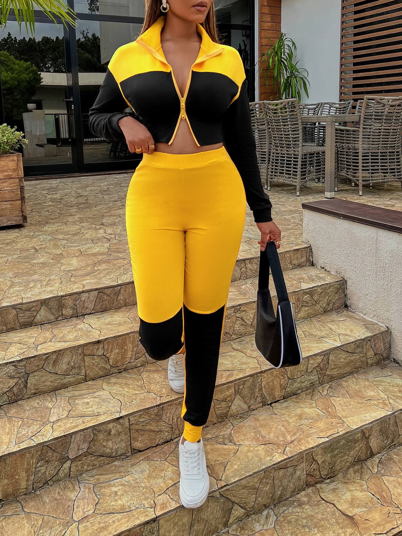 Two-Tone Collared Neck Top and Joggers Set  Outfit Sets- Doll Fits