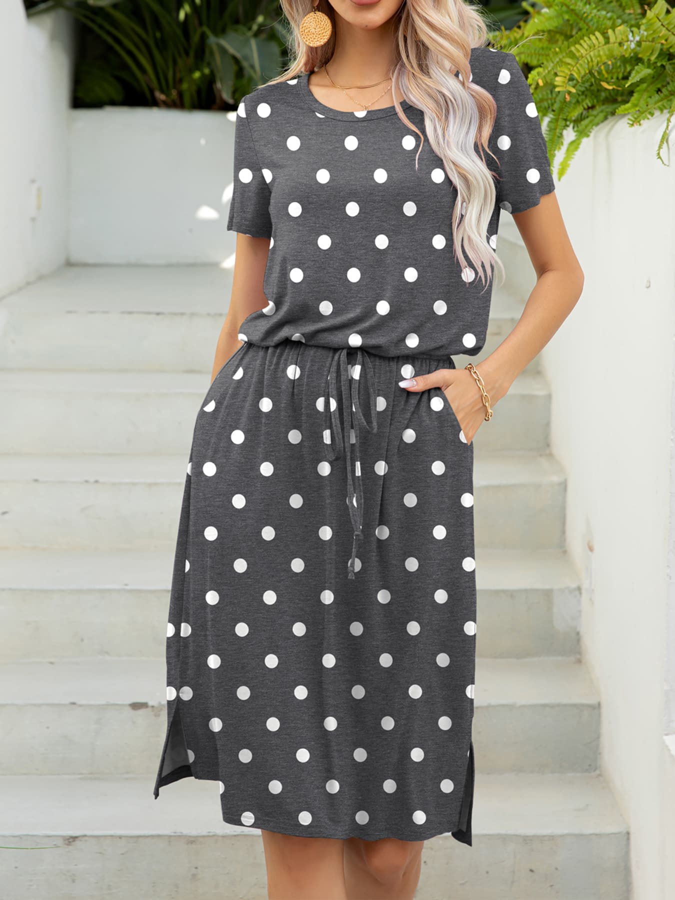 Round Neck Short Sleeve Slit Dress with Pockets  Dresses- Doll Fits