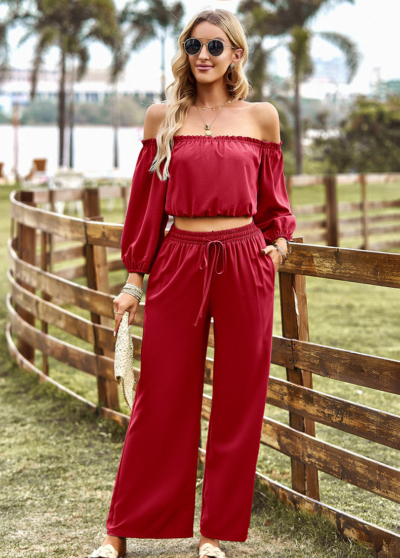 Off-Shoulder Blouse and Drawstring Waist Pants Set  Outfit Sets- Doll Fits