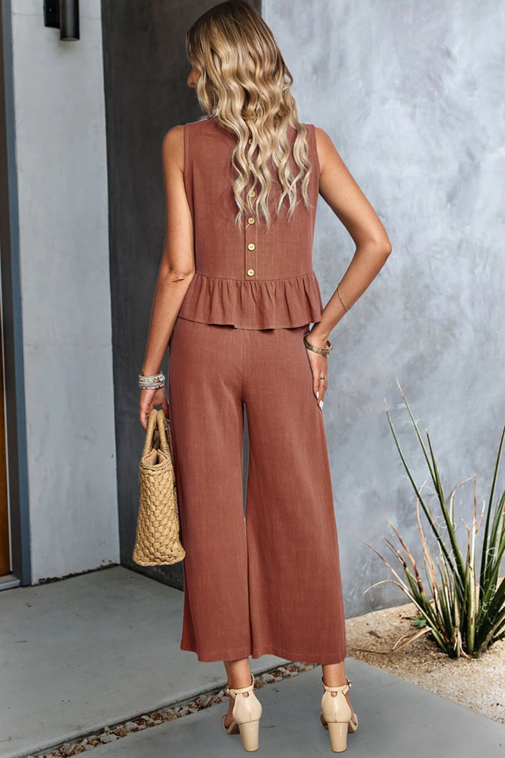 Decorative Button Ruffle Hem Tank and Pants Set  Outfit Sets- Doll Fits