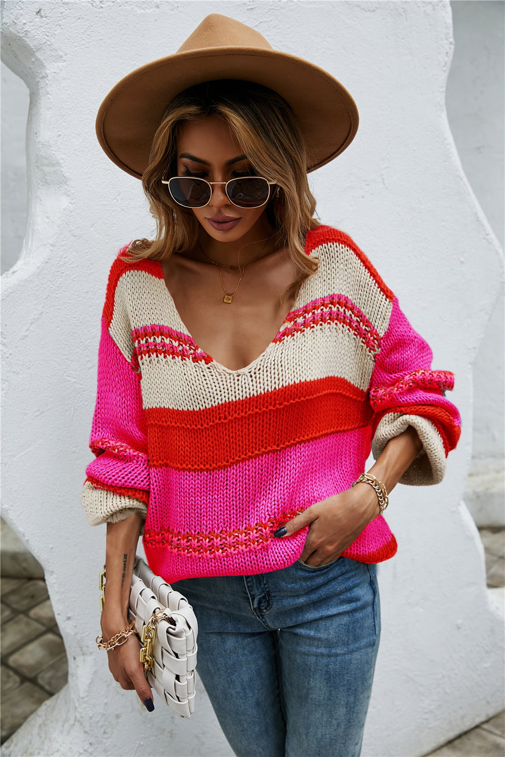Color Block Scoop Neck Dropped Shoulder Sweater  - Doll Fits