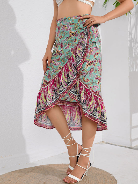 Tie Waistband Flounce Hem Midi Skirt  Skirts- Doll Fits