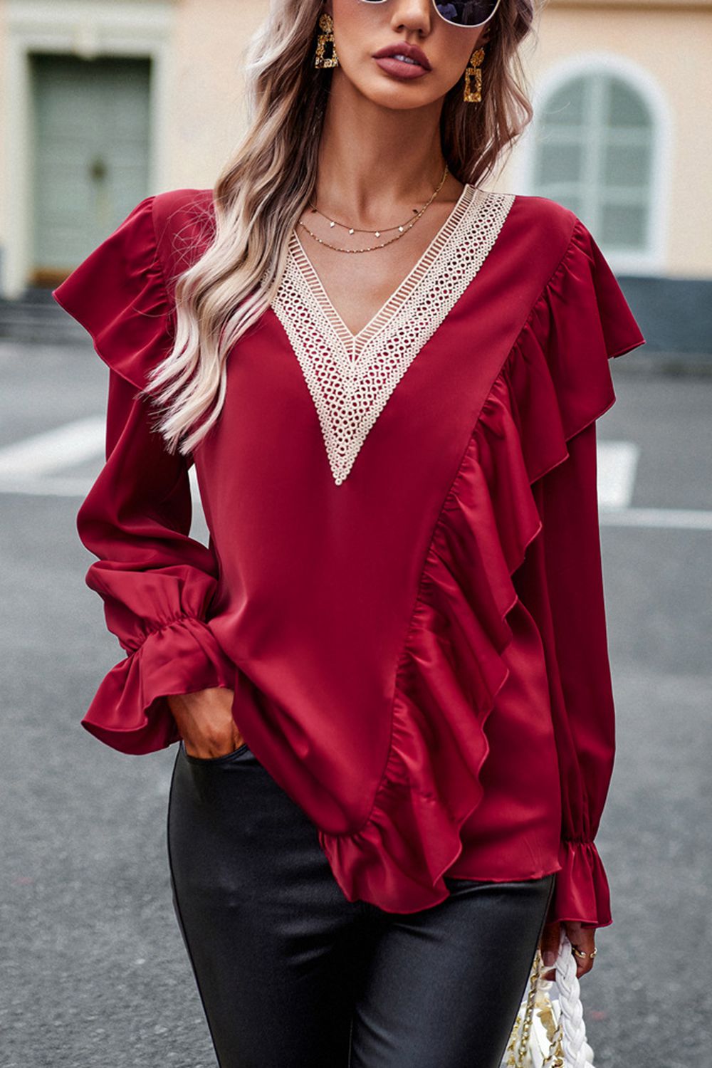 V-Neck Flounce Sleeve Ruffle Trim Blouse  - Doll Fits