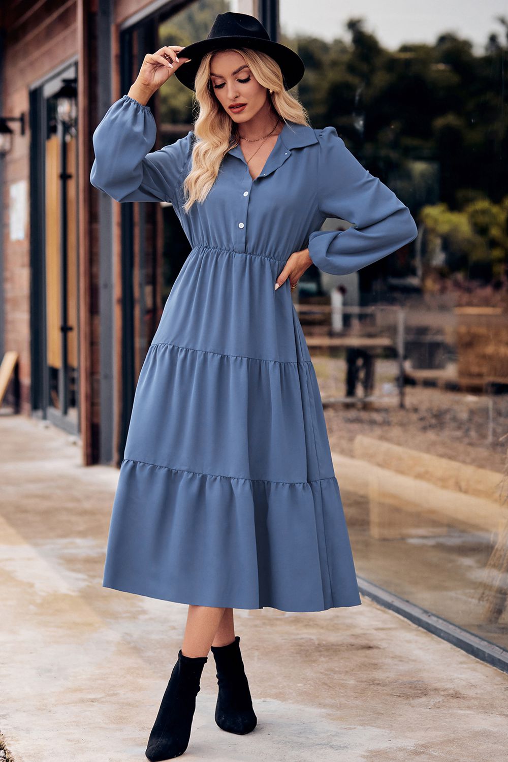 Collared Neck Long Sleeve Midi Dress  Dresses- Doll Fits