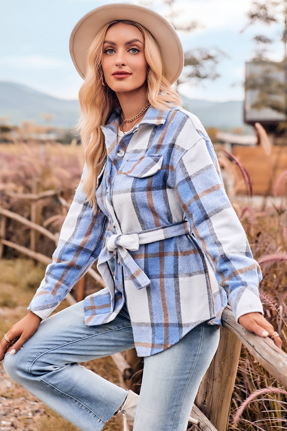 Plaid Collared Neck Bow Front Long Sleeve Jacket  - Doll Fits