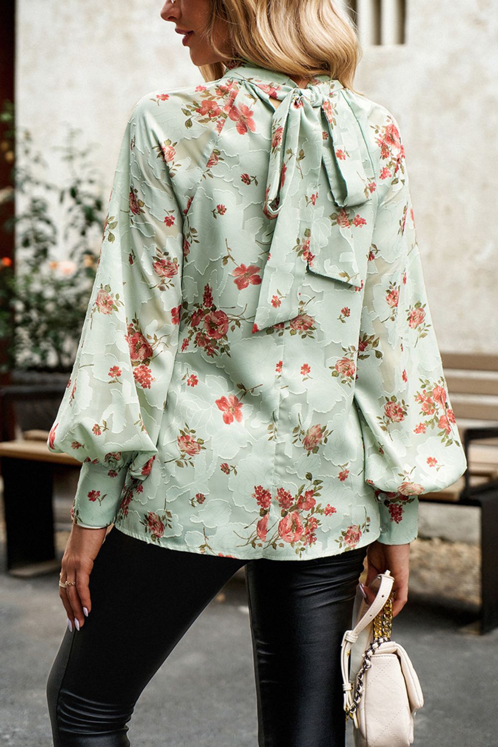 Floral Print Mock Neck Lantern Sleeve Blouse  - Doll Fits