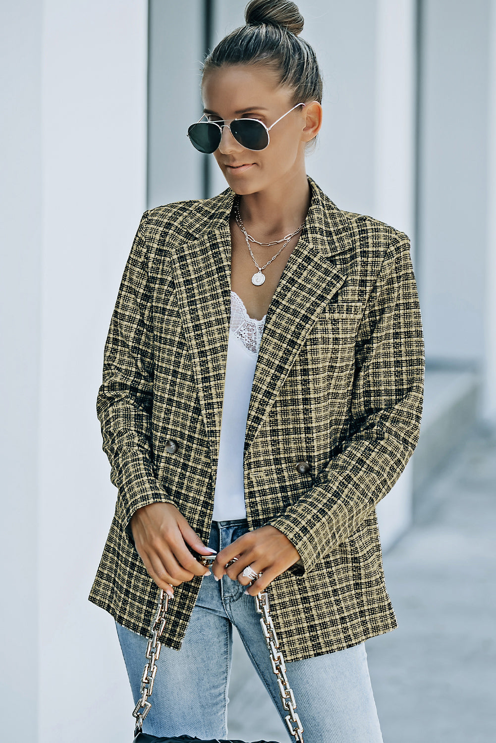 Plaid Double-Breasted Long Sleeve Blazer  Coats & Jackets- Doll Fits