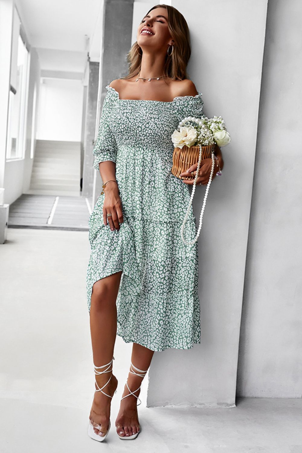 Ditsy Floral Off-Shoulder Smocked Midi Dress  Dresses- Doll Fits