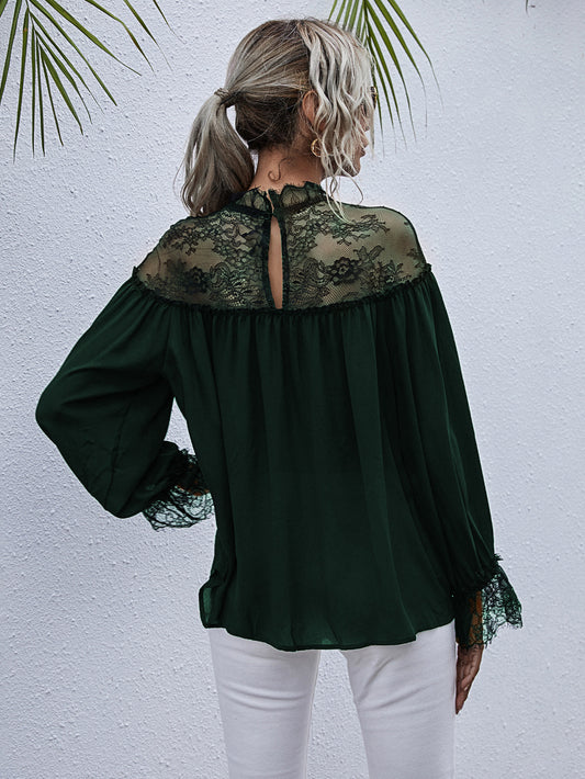 Semi-Sheer Lace Trim Mock Neck Blouse  - Doll Fits