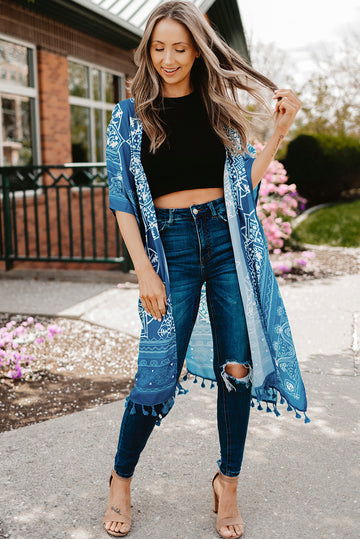 Printed Tassel Trim Open Front Cardigan  Coats & Jackets- Doll Fits