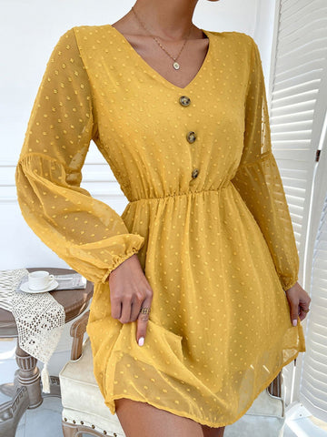 V-Neck Balloon Sleeve Swiss Dot Mini Dress  Dresses- Doll Fits