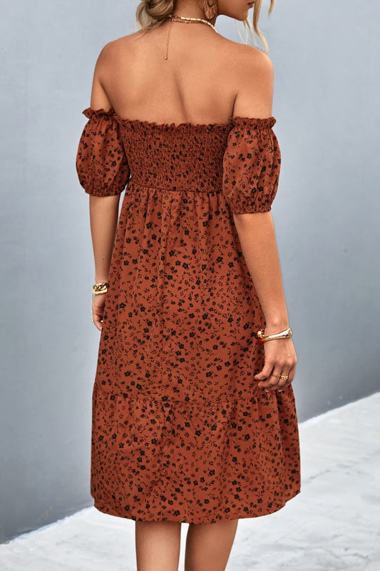 Ditsy Floral Smocked Frill Trim Off-Shoulder Dress  Dresses- Doll Fits