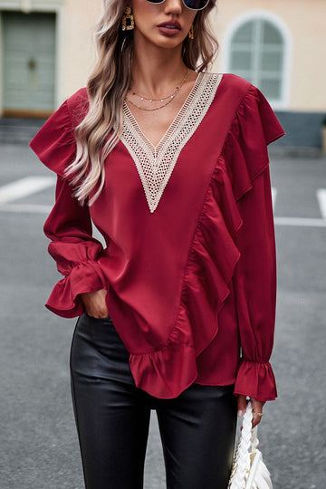 V-Neck Flounce Sleeve Ruffle Trim Blouse  - Doll Fits